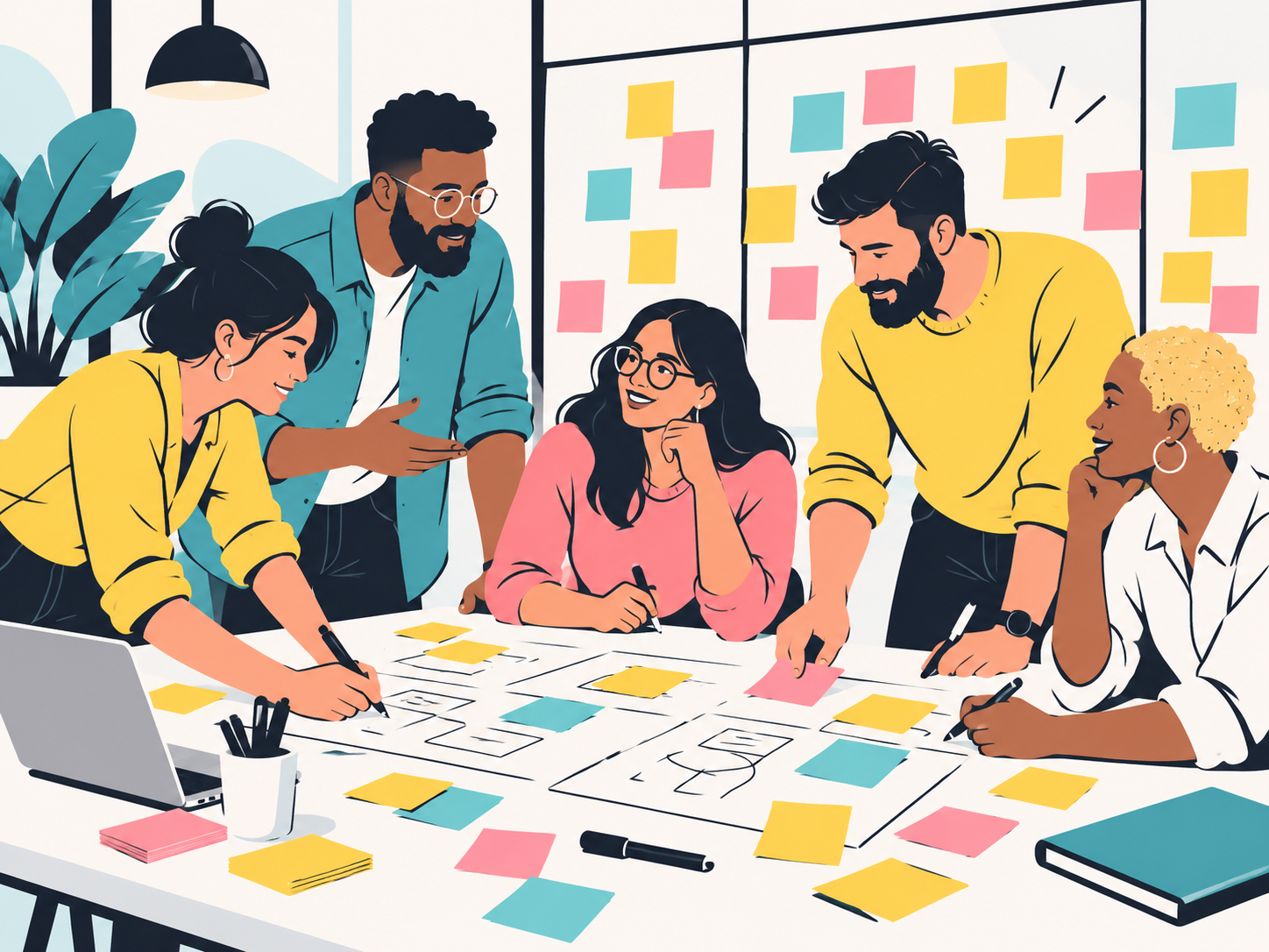 Illustration of a collaborative design thinking workshop